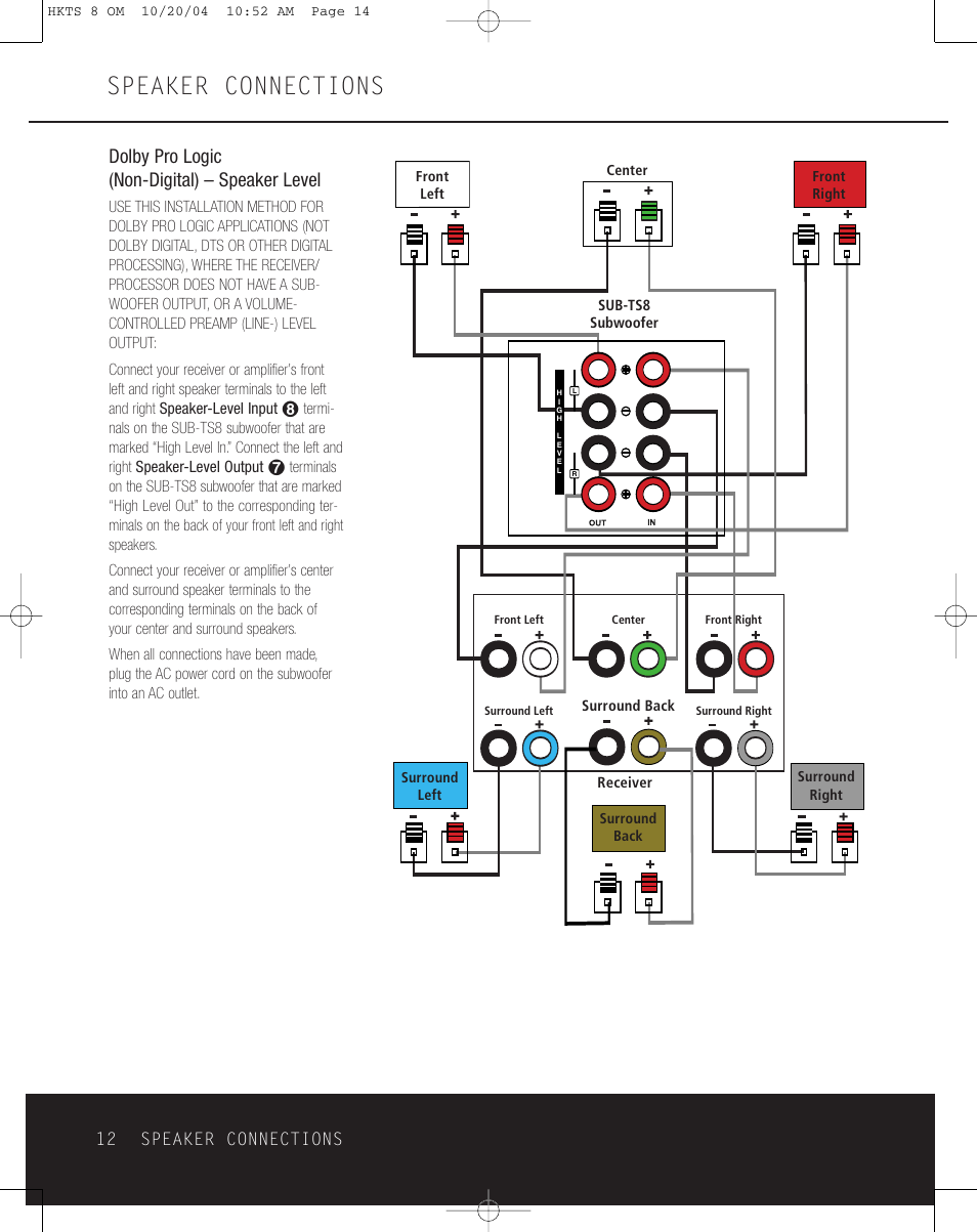 Speaker connections, Dolby pro logic (non-digital) – speaker level, 12 speaker connections | Harman-Kardon HKTS 8 User Manual | Page 12 / 16