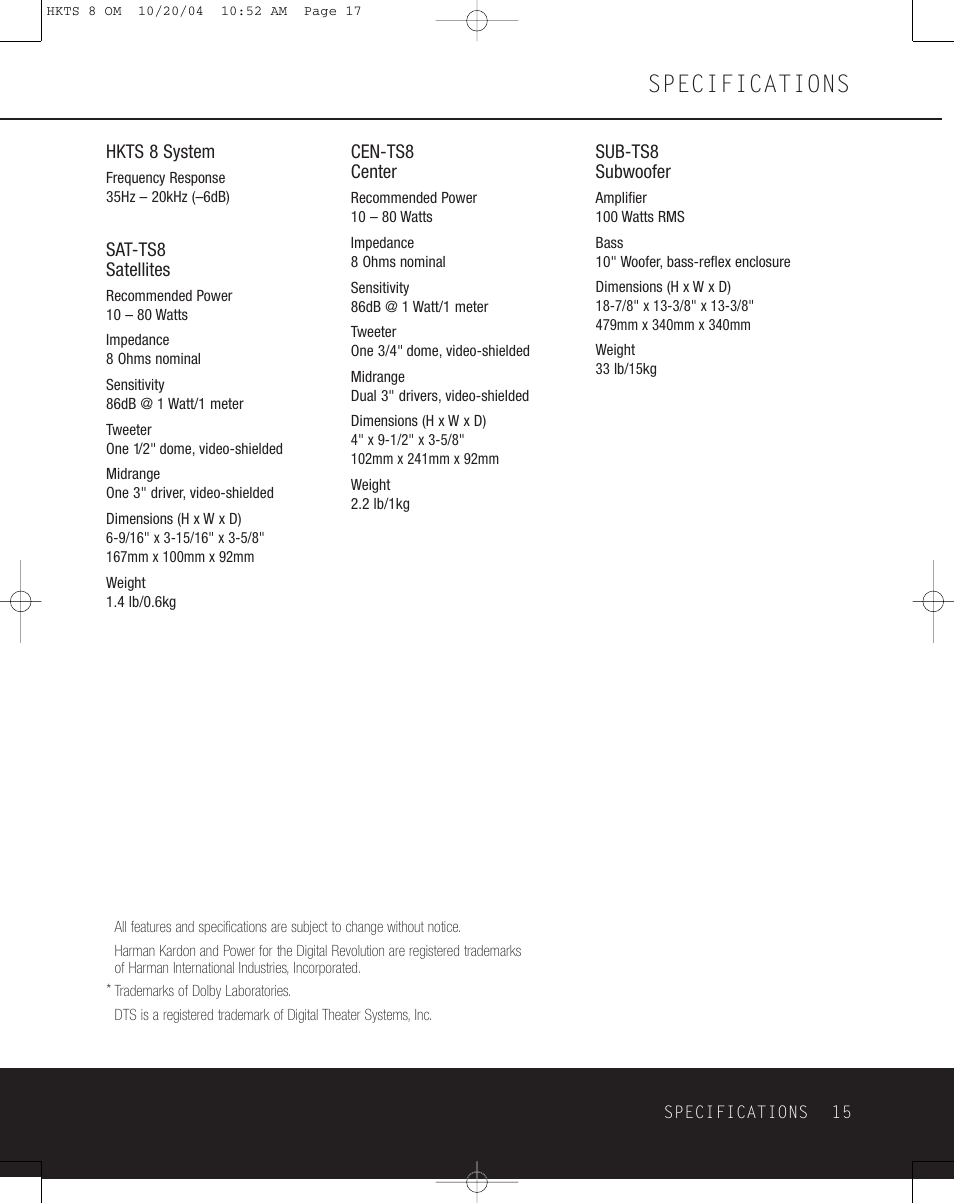 Specifications | Harman-Kardon HKTS 8 User Manual | Page 15 / 16