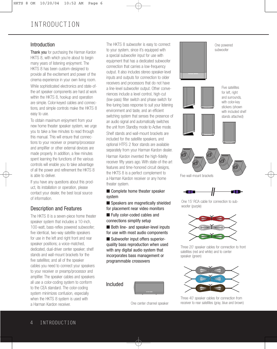 Introduction, Description and features, Included | 4introduction | Harman-Kardon HKTS 8 User Manual | Page 4 / 16