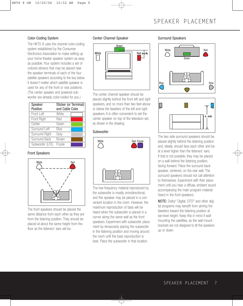 Speaker placement | Harman-Kardon HKTS 8 User Manual | Page 7 / 16