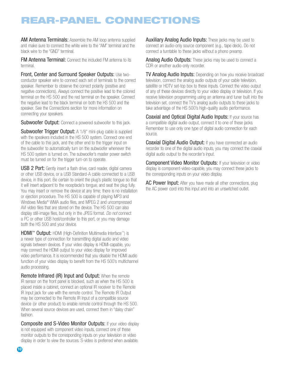 Rear-panel connections | Harman-Kardon HS 500 User Manual | Page 10 / 72