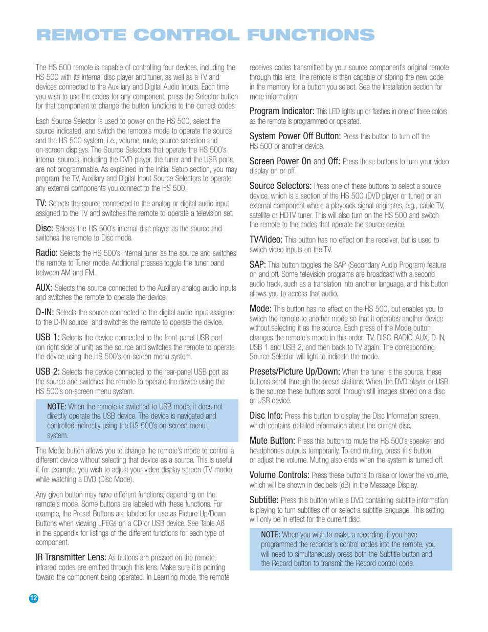 Remote control functions | Harman-Kardon HS 500 User Manual | Page 12 / 72