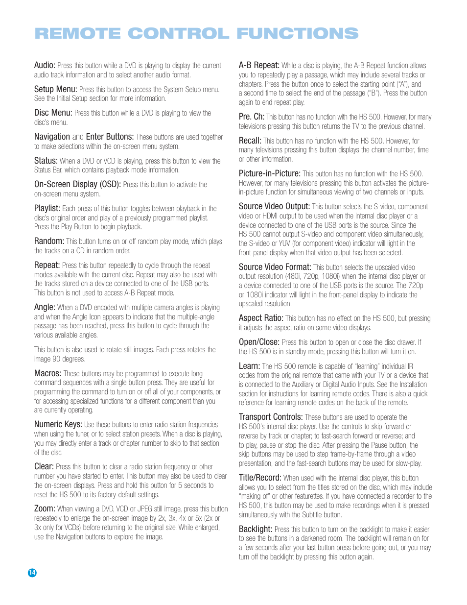 Remote control functions | Harman-Kardon HS 500 User Manual | Page 14 / 72