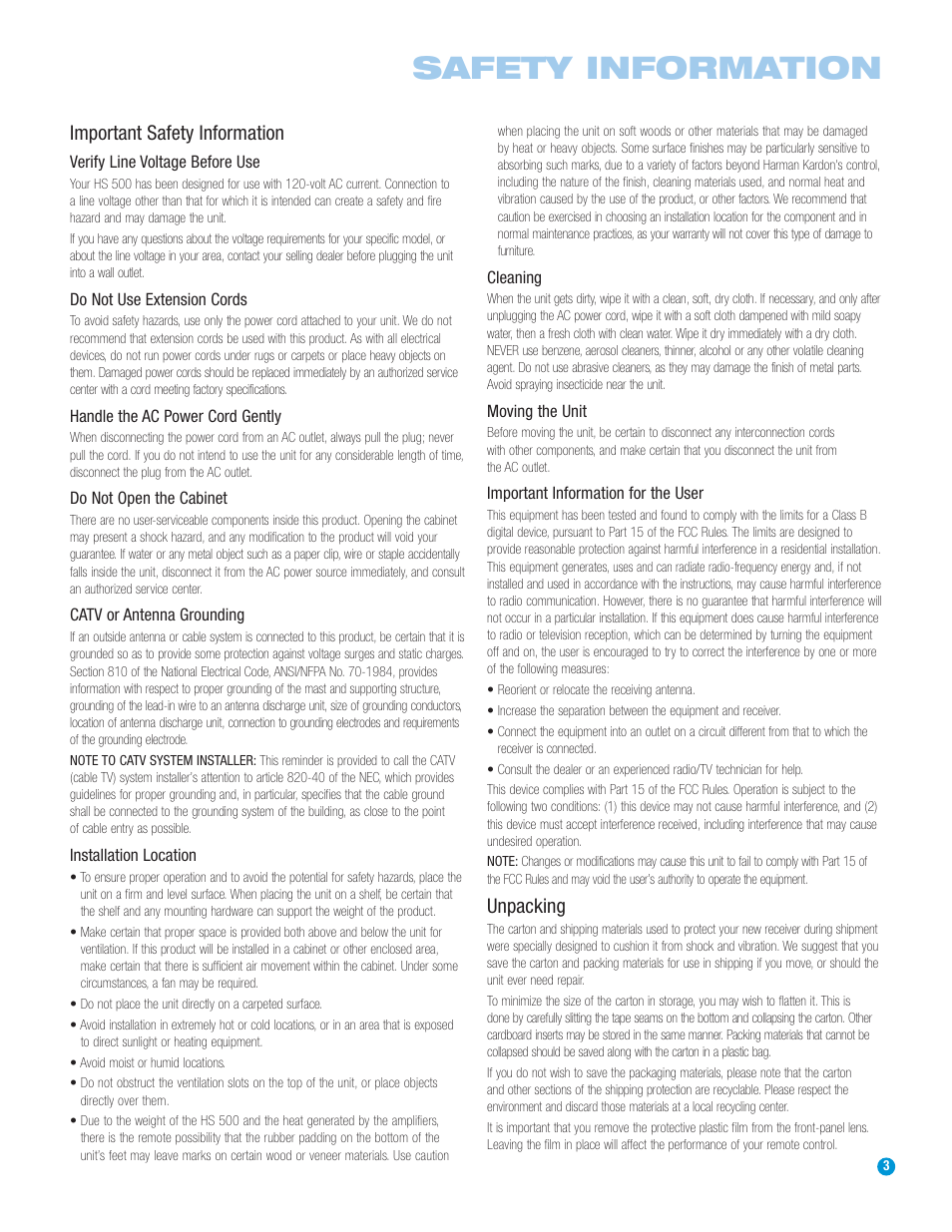 Safety information, Important safety information, Unpacking | Harman-Kardon HS 500 User Manual | Page 3 / 72
