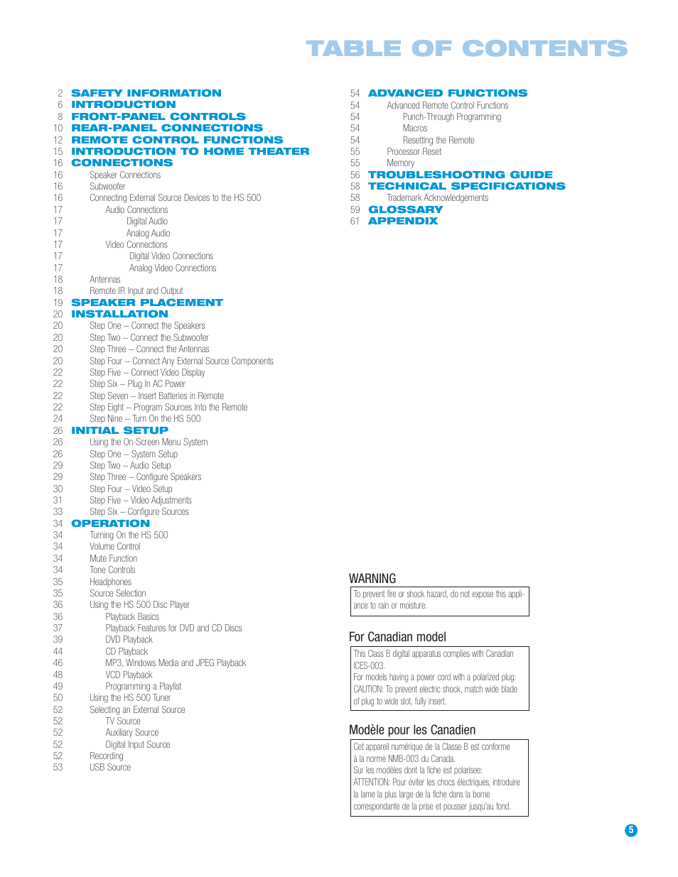 Harman-Kardon HS 500 User Manual | Page 5 / 72