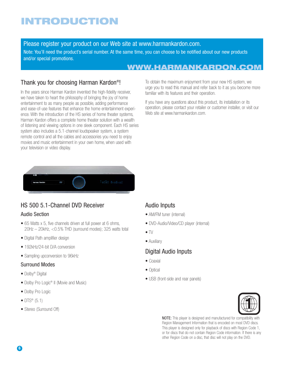 Introduction, Audio inputs, Digital audio inputs | Harman-Kardon HS 500 User Manual | Page 6 / 72