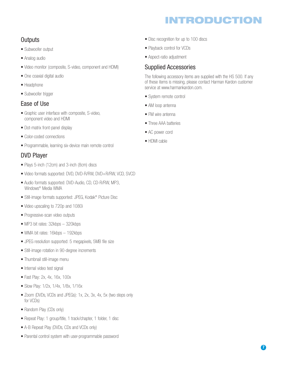 Introduction, Outputs, Ease of use | Dvd player, Supplied accessories | Harman-Kardon HS 500 User Manual | Page 7 / 72