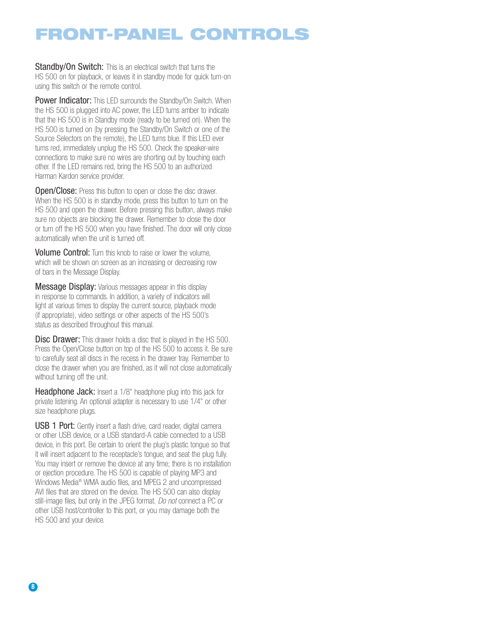 Front-panel controls | Harman-Kardon HS 500 User Manual | Page 8 / 72