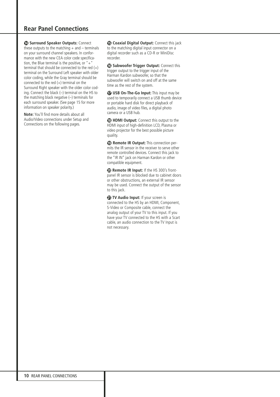 Rear panel connections | Harman-Kardon HS 300 User Manual | Page 10 / 32