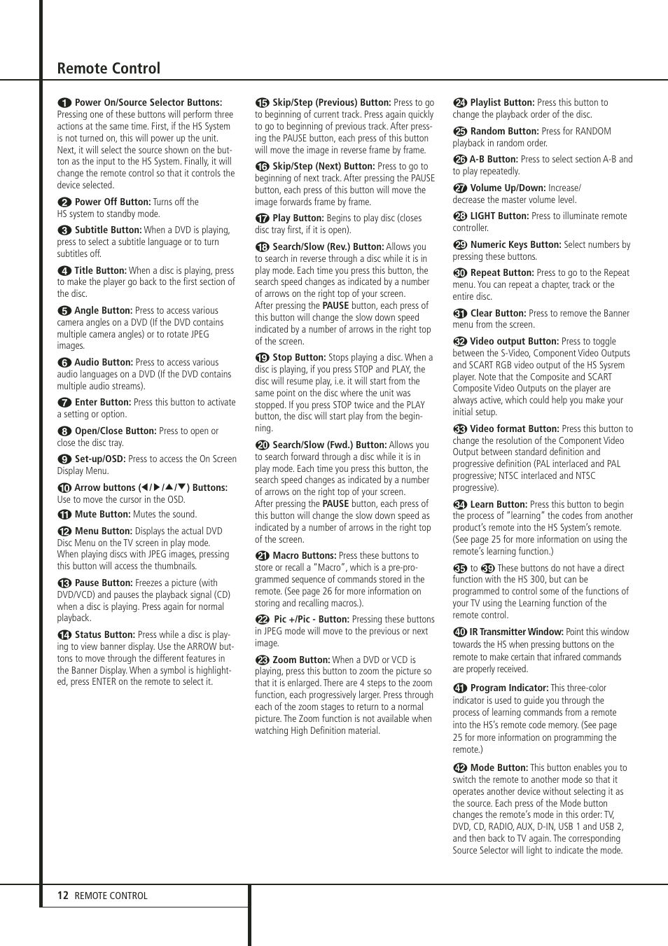Remote control | Harman-Kardon HS 300 User Manual | Page 12 / 32