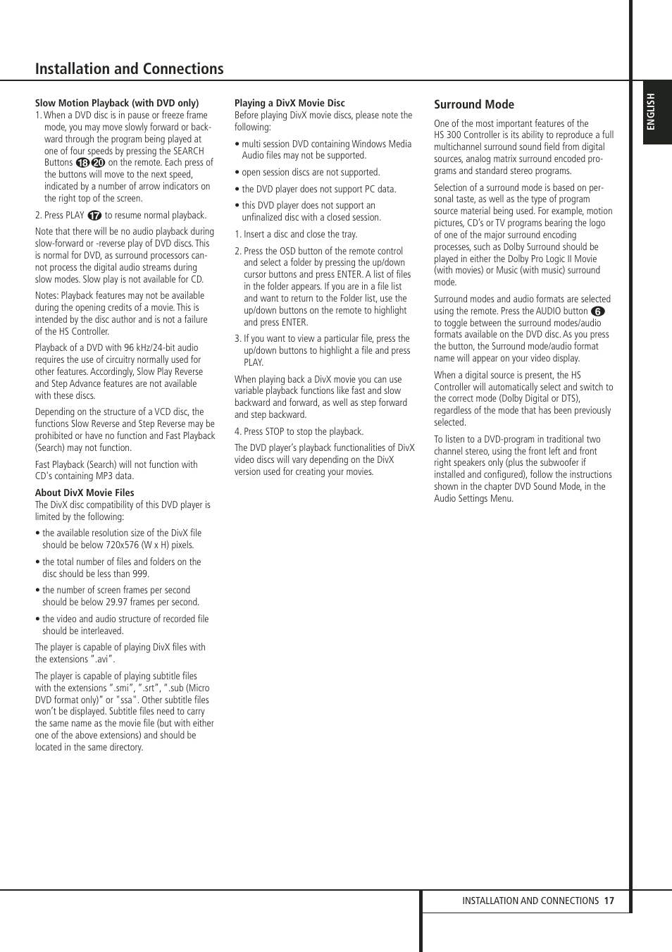 Installation and connections | Harman-Kardon HS 300 User Manual | Page 17 / 32