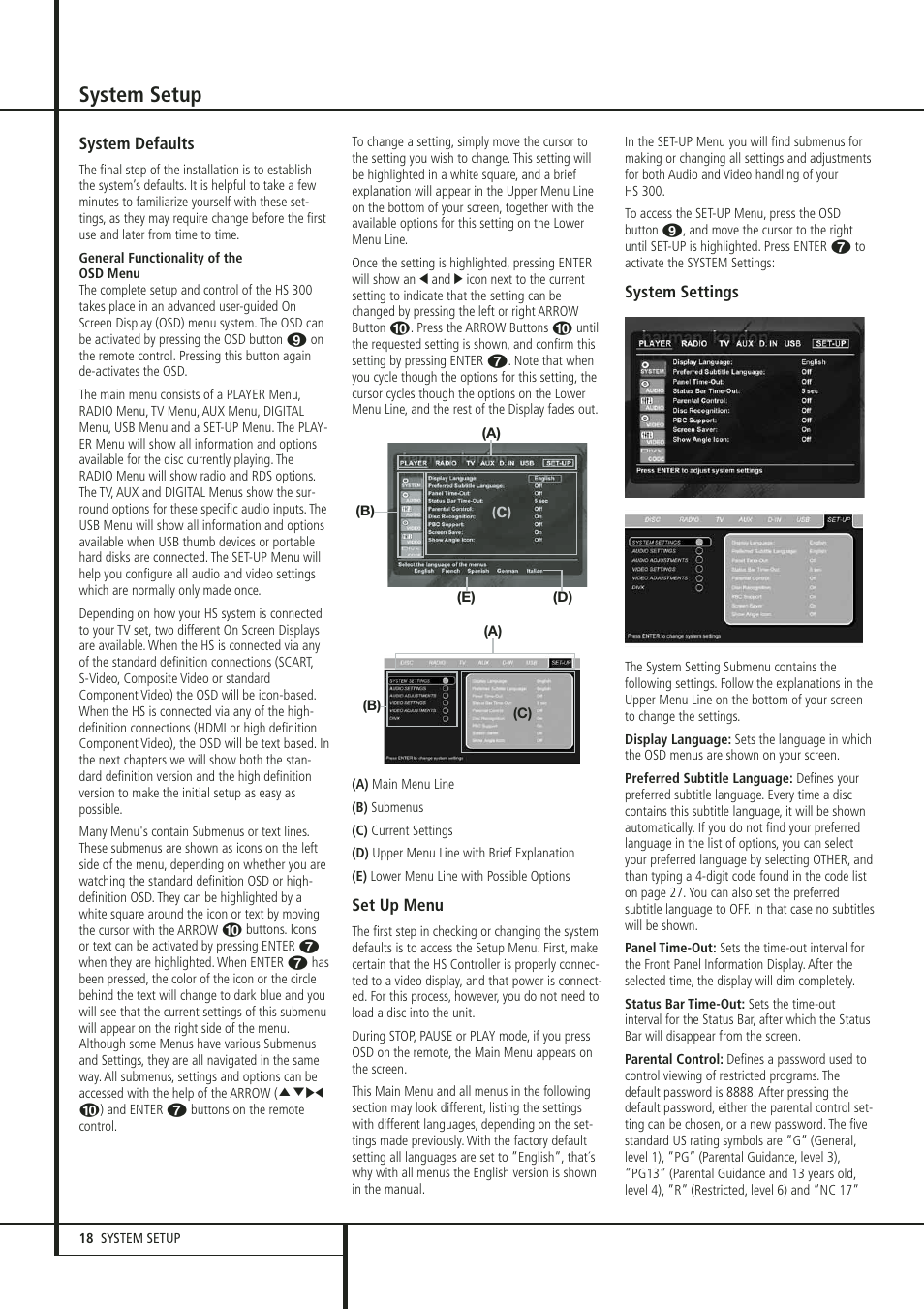 System setup | Harman-Kardon HS 300 User Manual | Page 18 / 32
