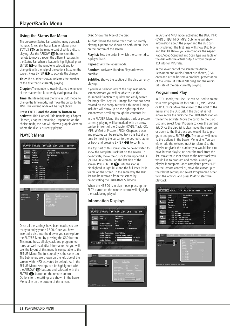 Player/radio menu | Harman-Kardon HS 300 User Manual | Page 22 / 32
