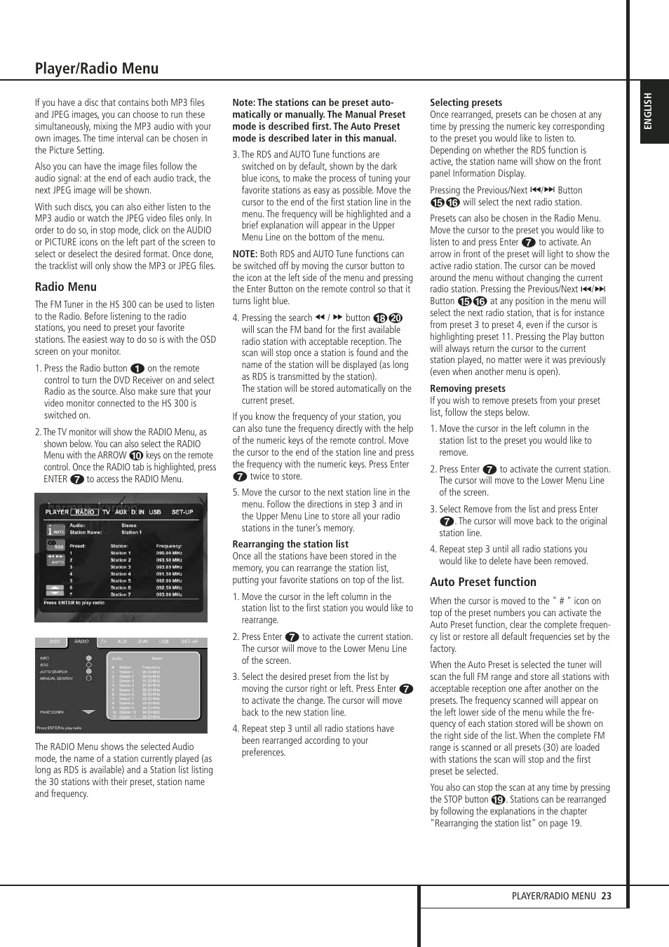 Player/radio menu | Harman-Kardon HS 300 User Manual | Page 23 / 32
