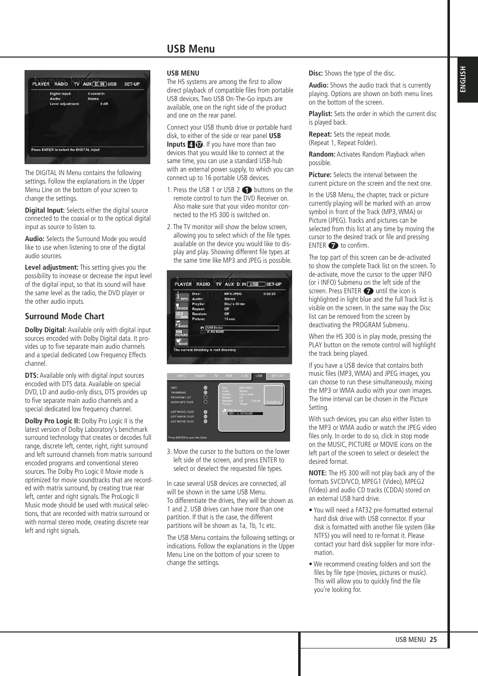 Usb menu | Harman-Kardon HS 300 User Manual | Page 25 / 32
