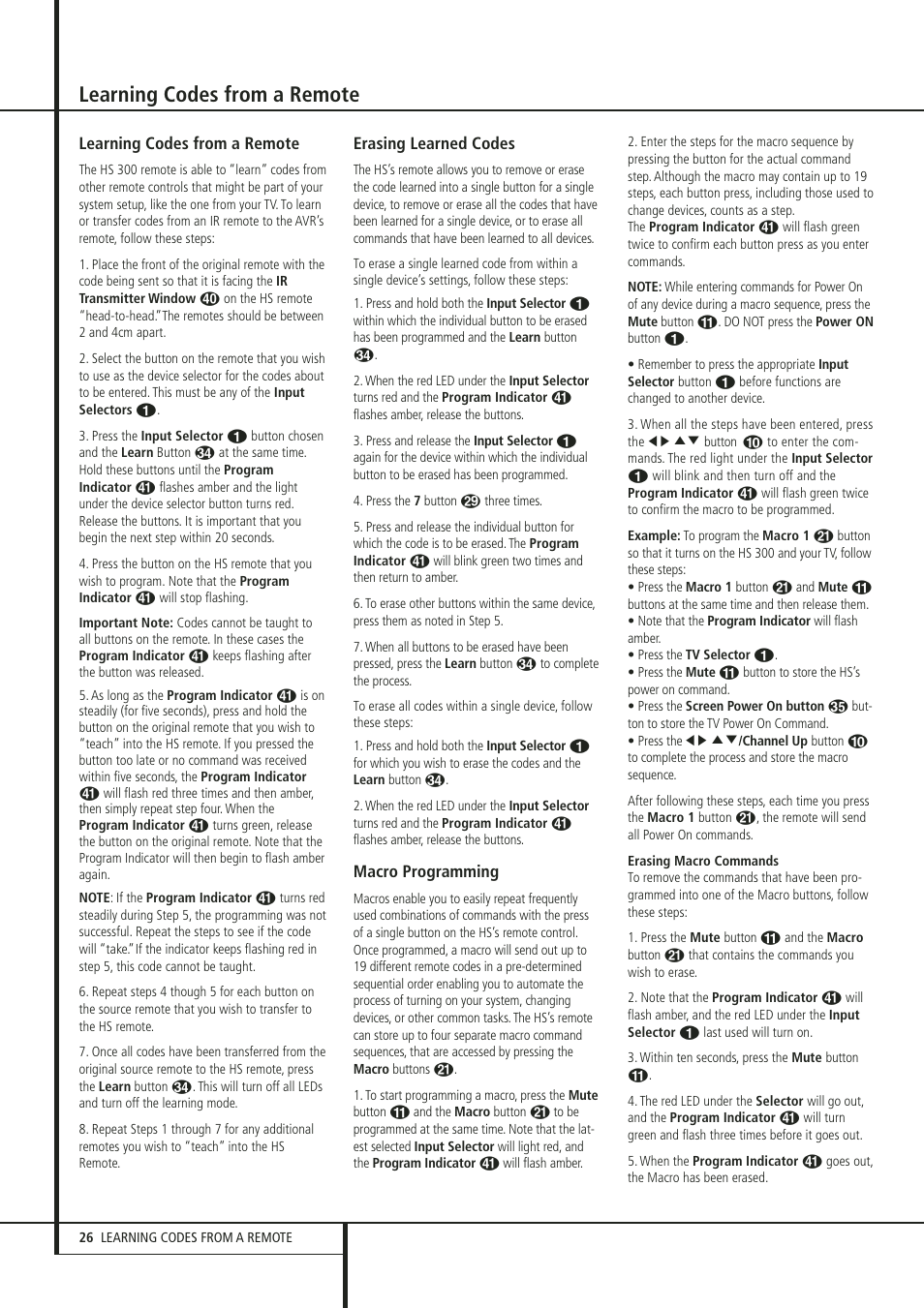 Learning codes from a remote | Harman-Kardon HS 300 User Manual | Page 26 / 32