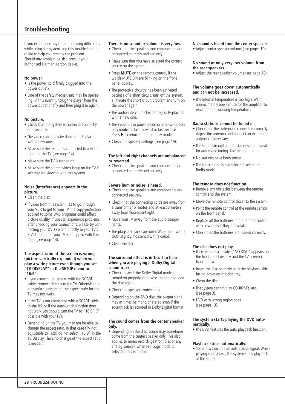 Troubleshooting | Harman-Kardon HS 300 User Manual | Page 28 / 32