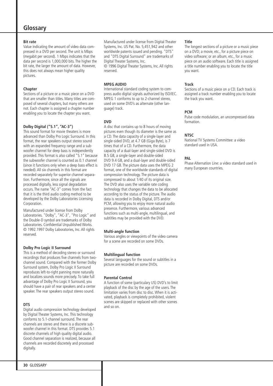 Glossary | Harman-Kardon HS 300 User Manual | Page 30 / 32