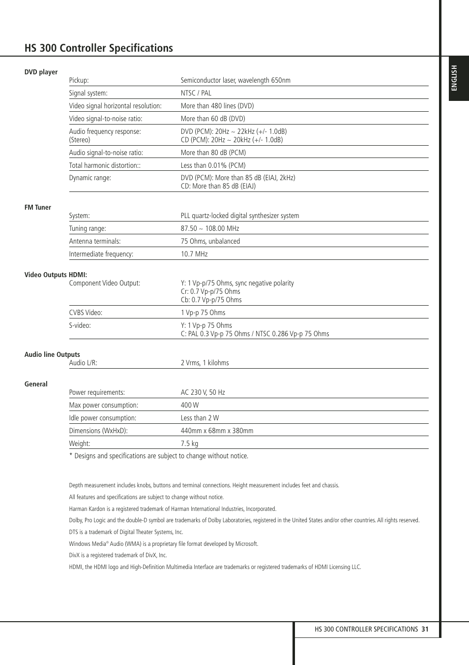 Hs 300 controller specifications | Harman-Kardon HS 300 User Manual | Page 31 / 32
