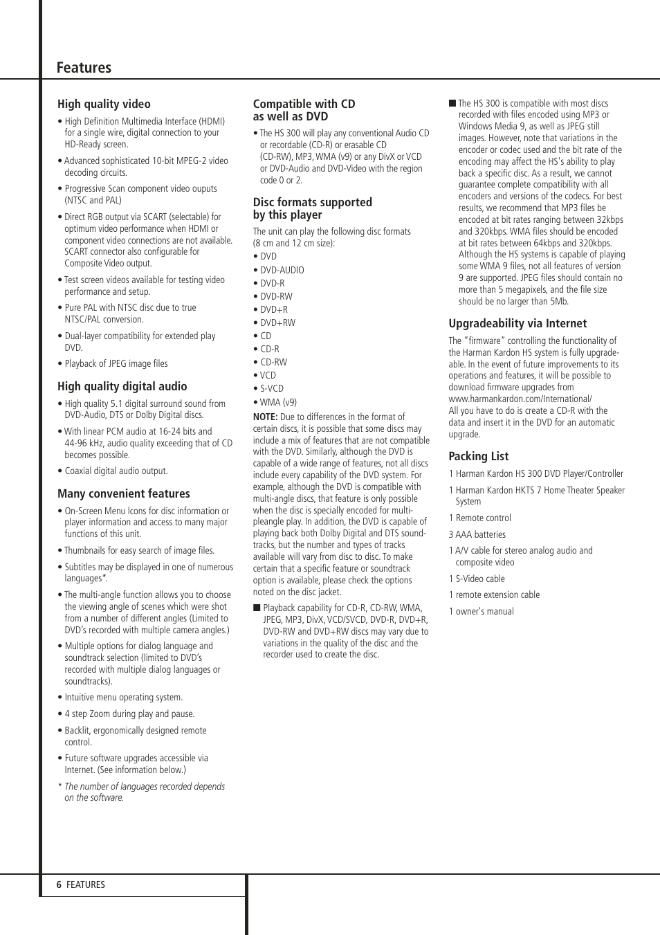 Features | Harman-Kardon HS 300 User Manual | Page 6 / 32