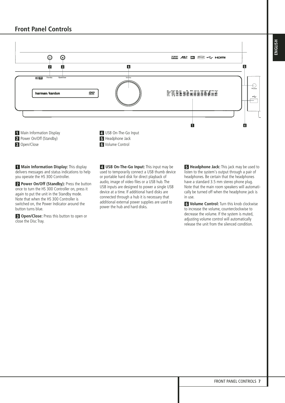 Front panel controls | Harman-Kardon HS 300 User Manual | Page 7 / 32