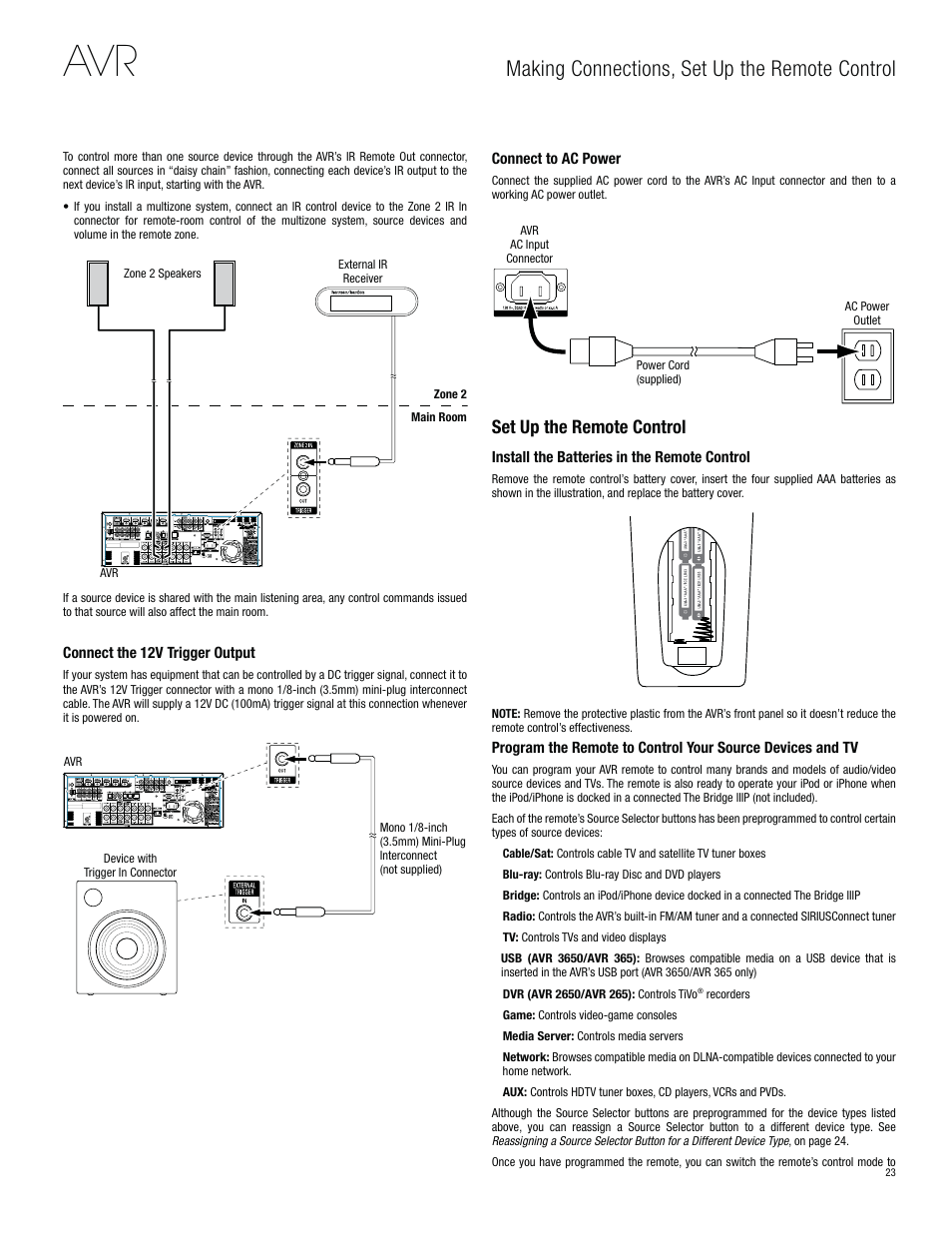 Making connections, set up the remote control, Set up the remote control | Harman-Kardon AVR 3650 User Manual | Page 23 / 61