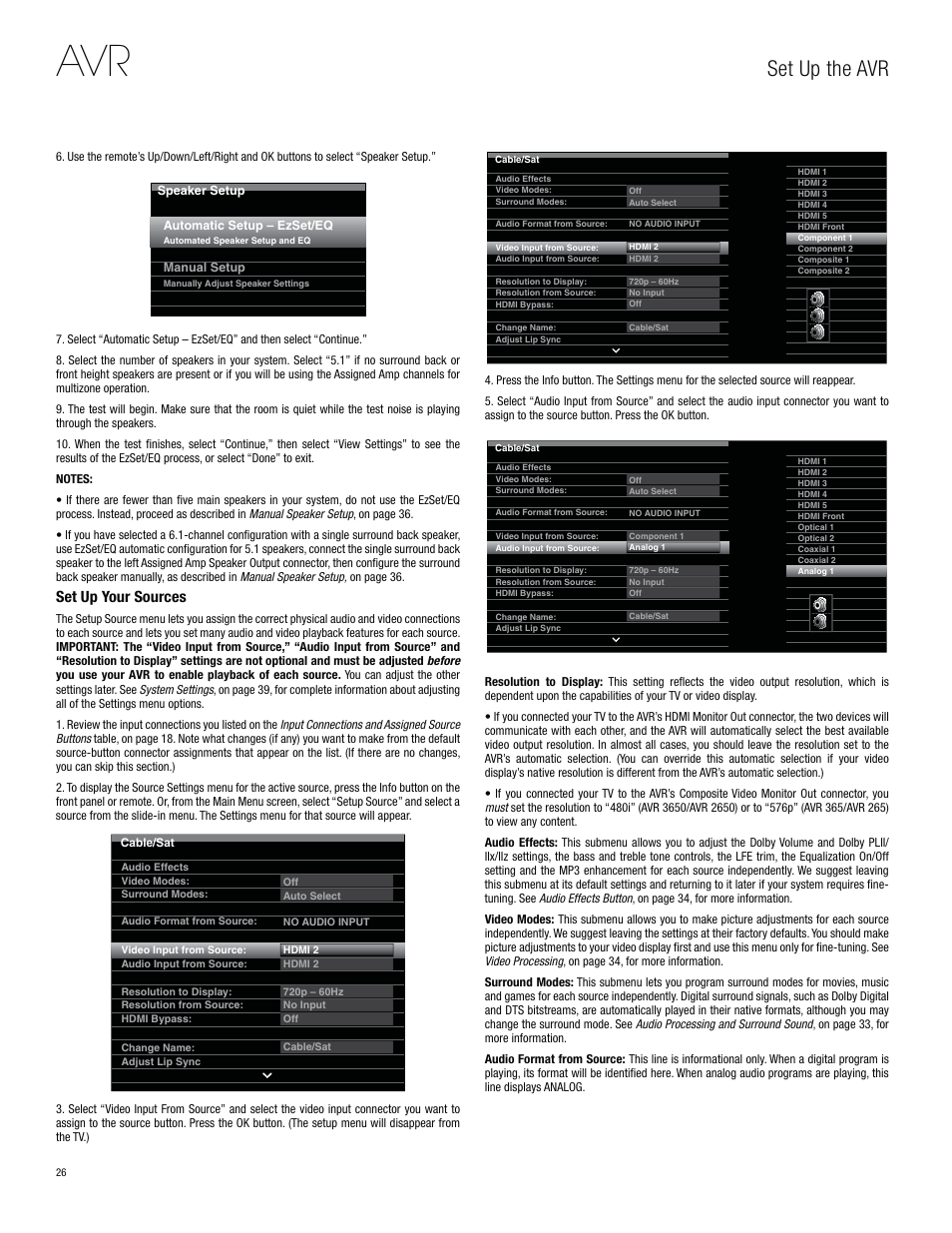 Set up the avr, Set up your sources | Harman-Kardon AVR 3650 User Manual | Page 26 / 61