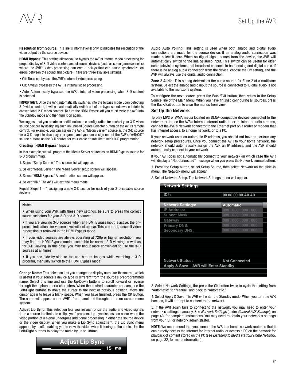 Set up the avr, Adjust lip sync | Harman-Kardon AVR 3650 User Manual | Page 27 / 61