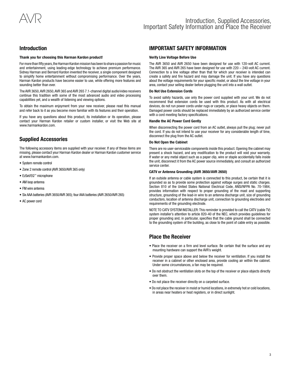 Introduction, Supplied accessories, Important safety information | Place the receiver | Harman-Kardon AVR 3650 User Manual | Page 3 / 61
