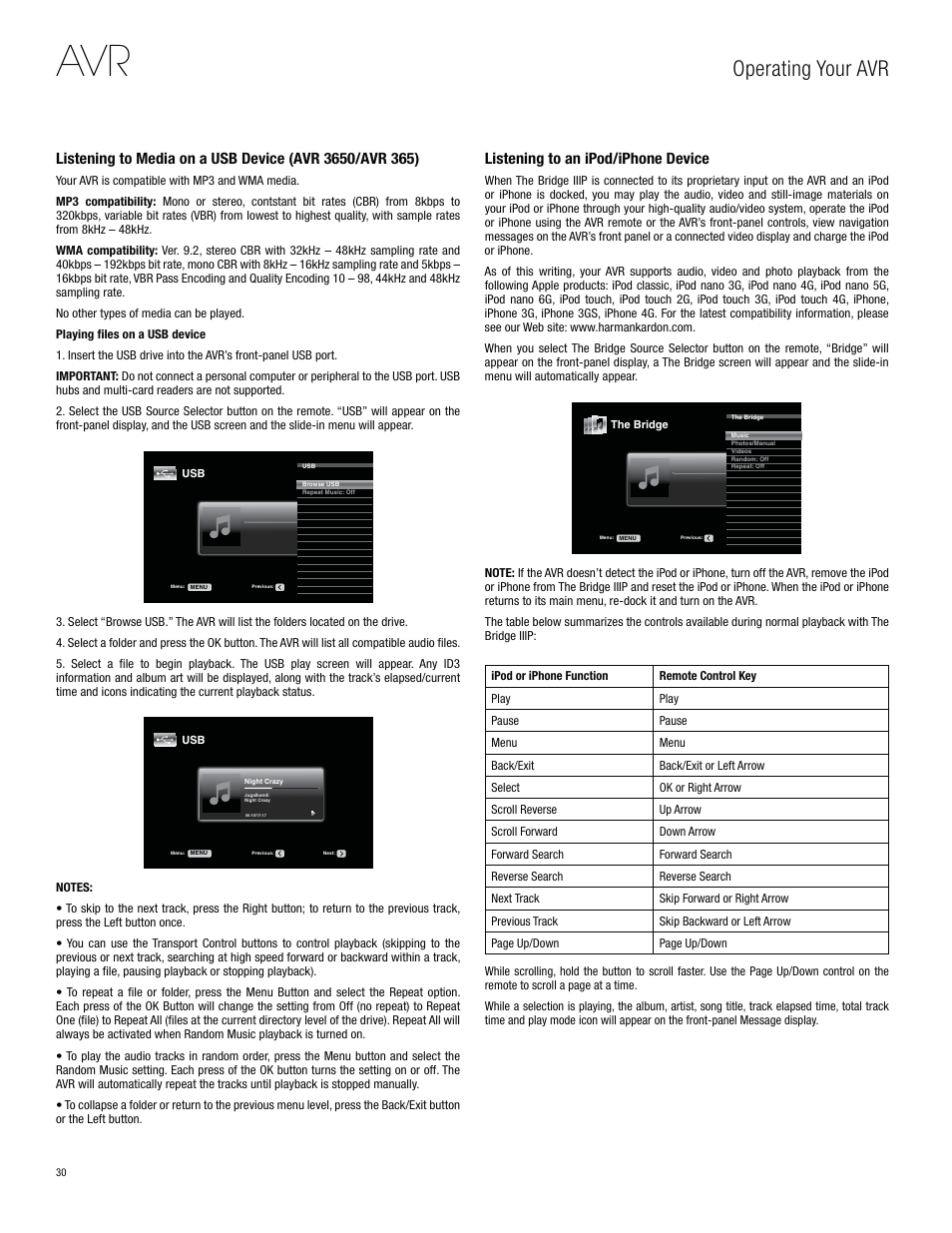 Operating your avr, Listening to an ipod/iphone device | Harman-Kardon AVR 3650 User Manual | Page 30 / 61
