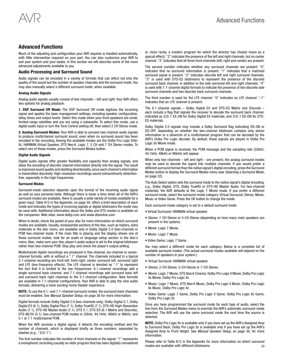 Advanced functions | Harman-Kardon AVR 3650 User Manual | Page 33 / 61