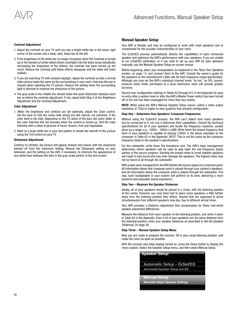 Advanced functions, manual speaker setup | Harman-Kardon AVR 3650 User Manual | Page 36 / 61