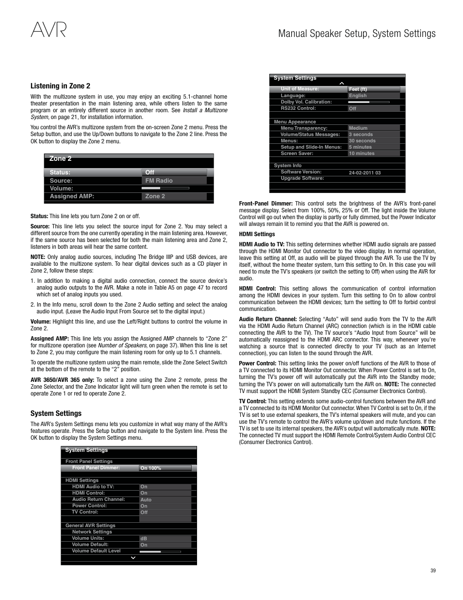 Manual speaker setup, system settings | Harman-Kardon AVR 3650 User Manual | Page 39 / 61