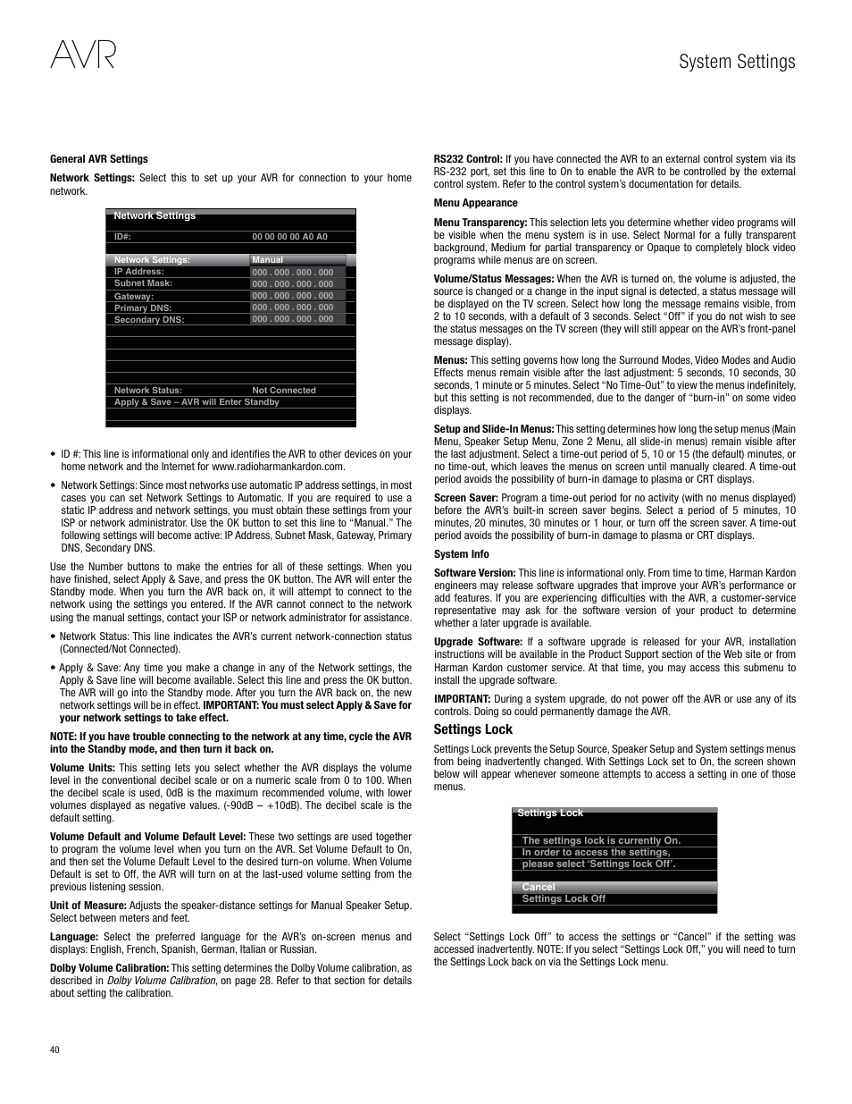 System settings | Harman-Kardon AVR 3650 User Manual | Page 40 / 61
