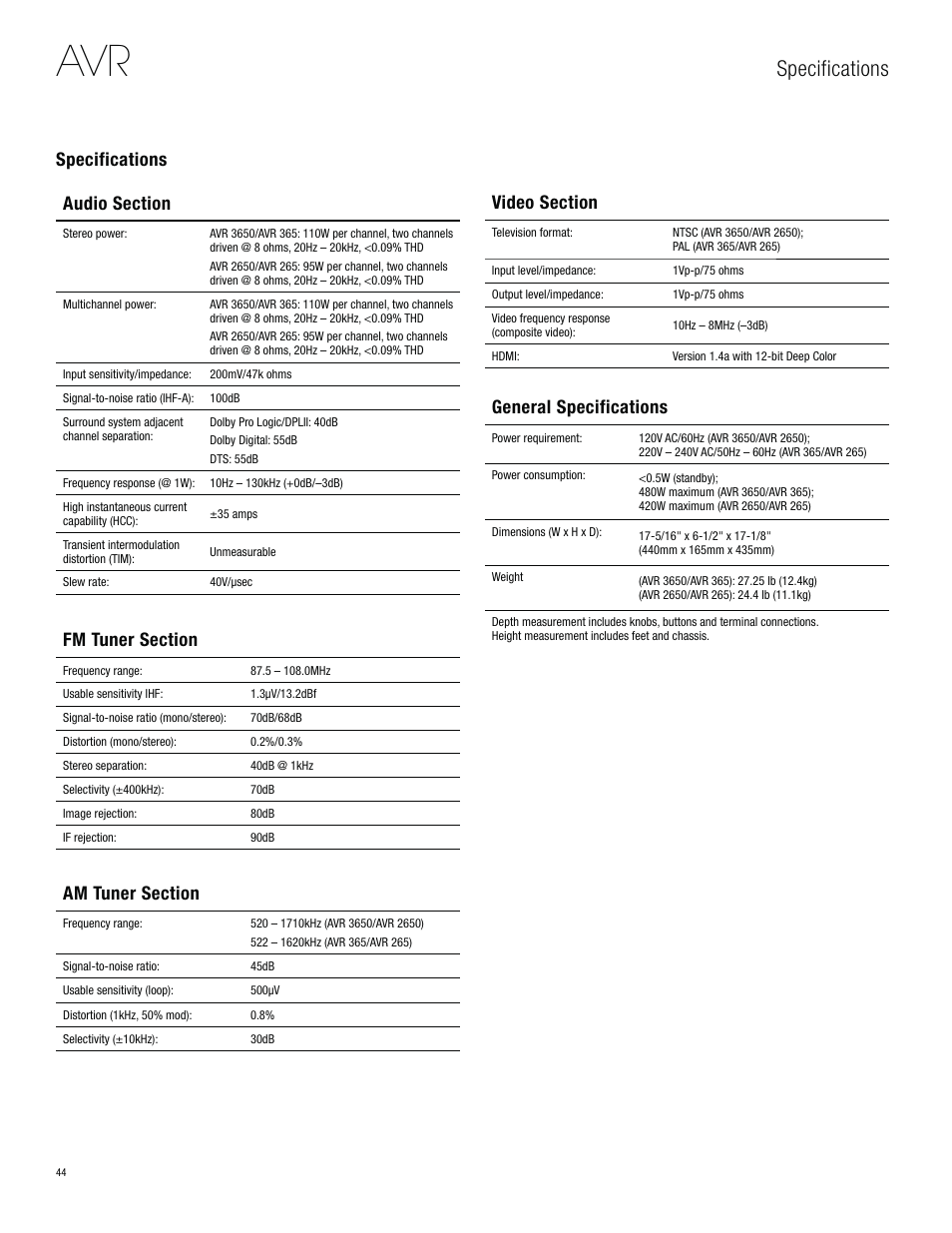 Specifications, General specifications | Harman-Kardon AVR 3650 User Manual | Page 44 / 61