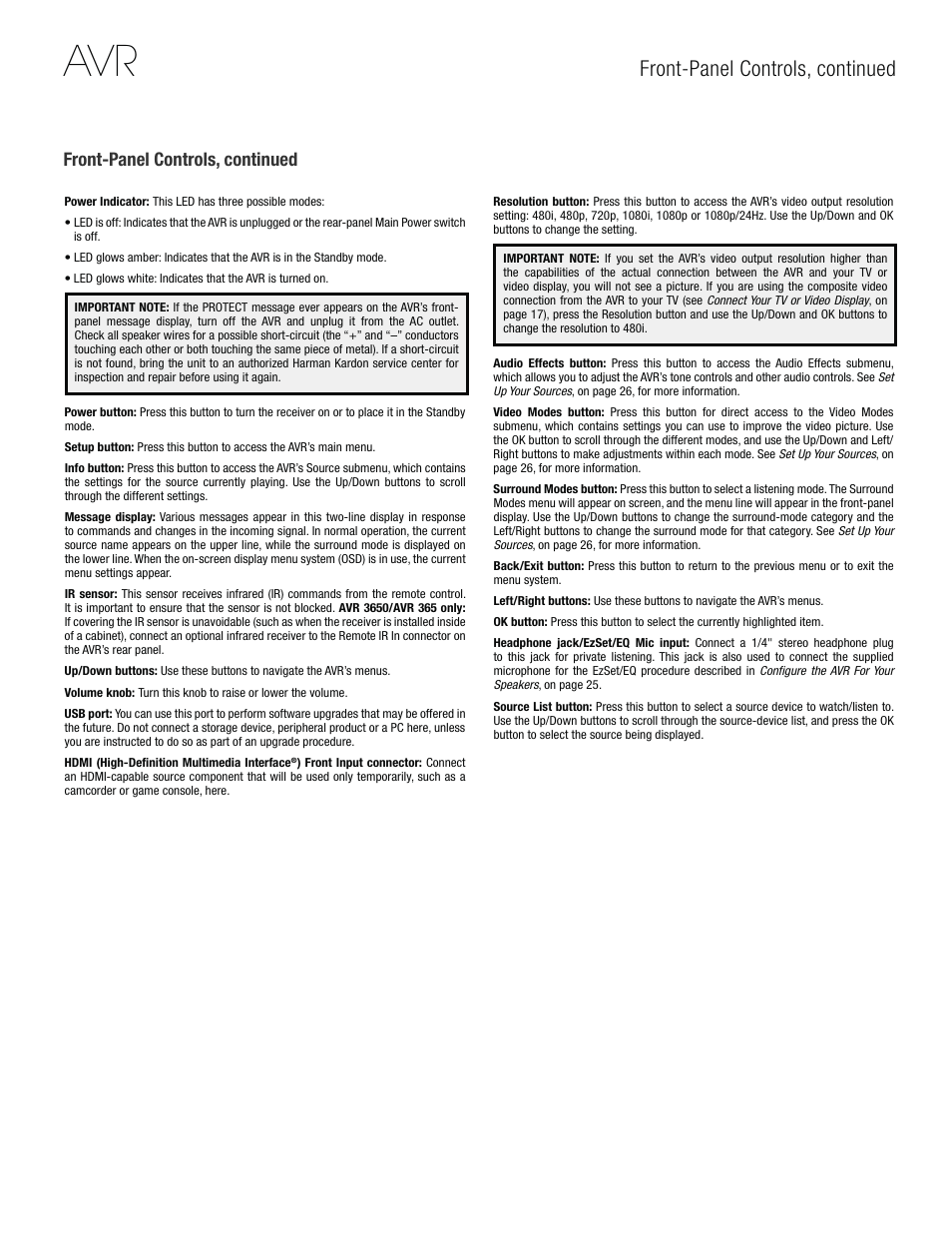 Front-panel controls, continued | Harman-Kardon AVR 3650 User Manual | Page 5 / 61