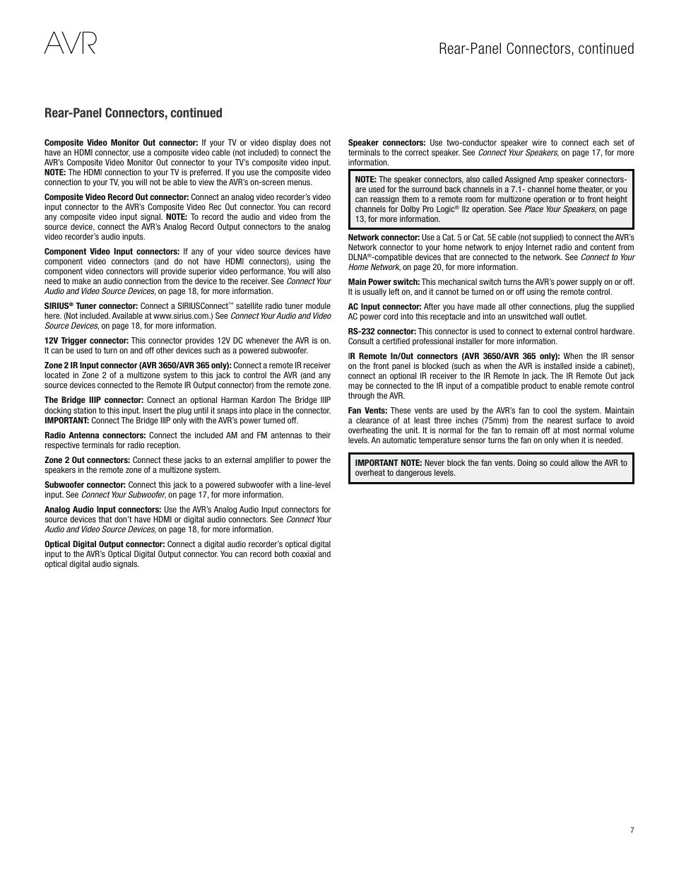 Rear-panel connectors, continued | Harman-Kardon AVR 3650 User Manual | Page 7 / 61