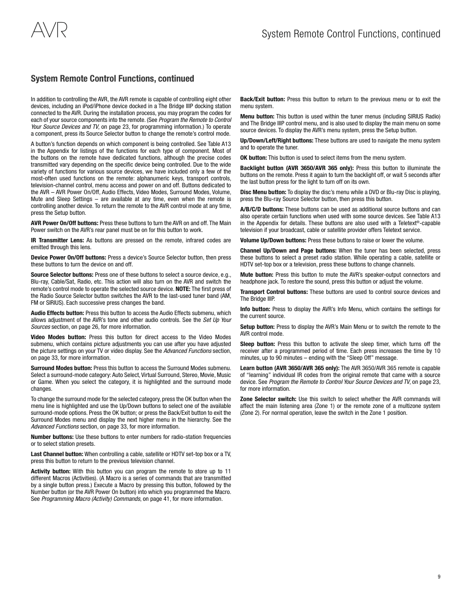 System remote control functions, continued | Harman-Kardon AVR 3650 User Manual | Page 9 / 61
