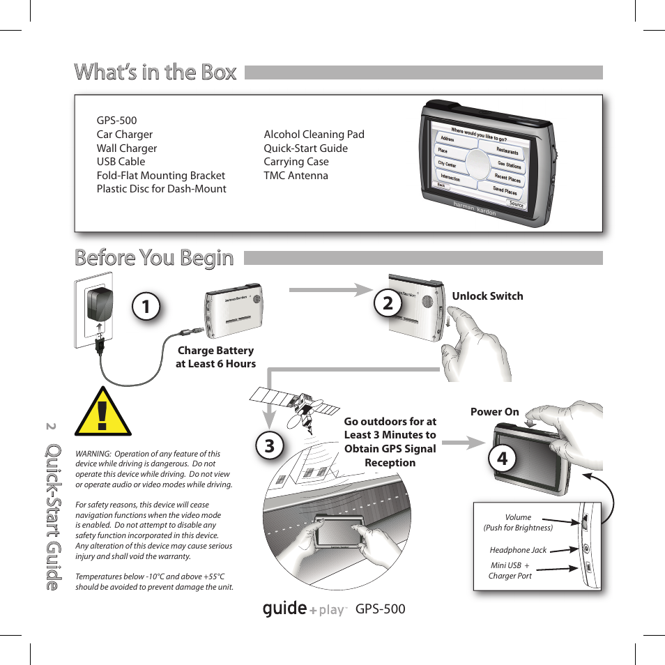 Before you begin, What’s in the box, Qu ic k- s ta rt g u id e quick -star t guide | Harman-Kardon GPS-500 User Manual | Page 2 / 12