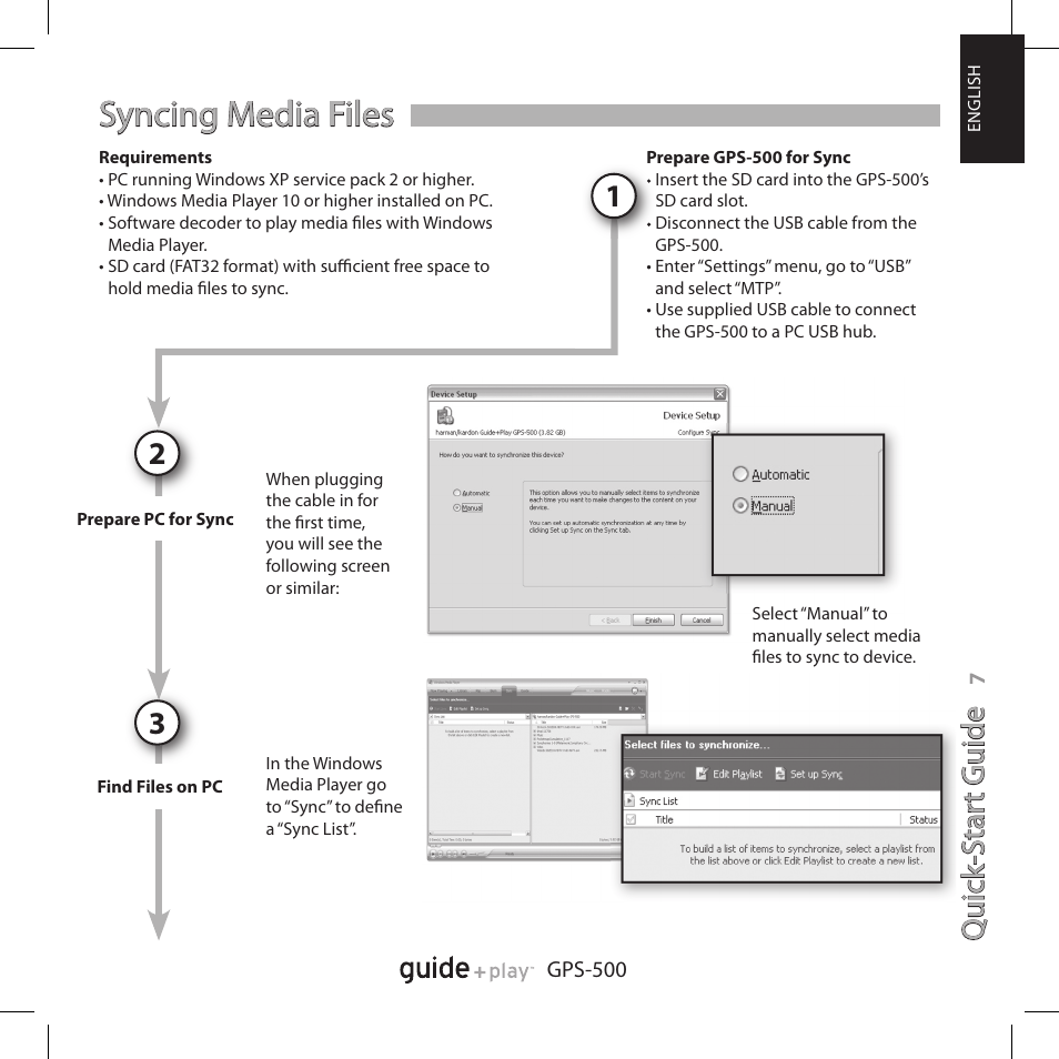 Syncing media files, Qu ic k- s ta rt g u id e quick -star t guide | Harman-Kardon GPS-500 User Manual | Page 7 / 12