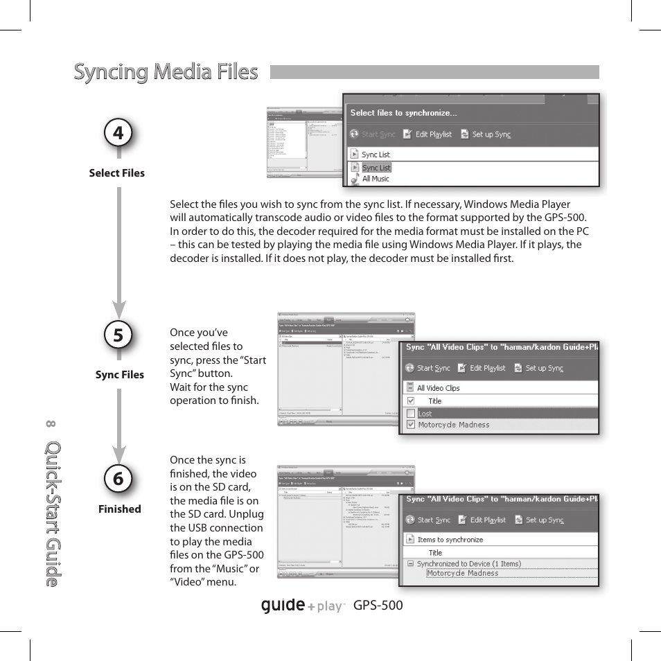 Syncing media files | Harman-Kardon GPS-500 User Manual | Page 8 / 12