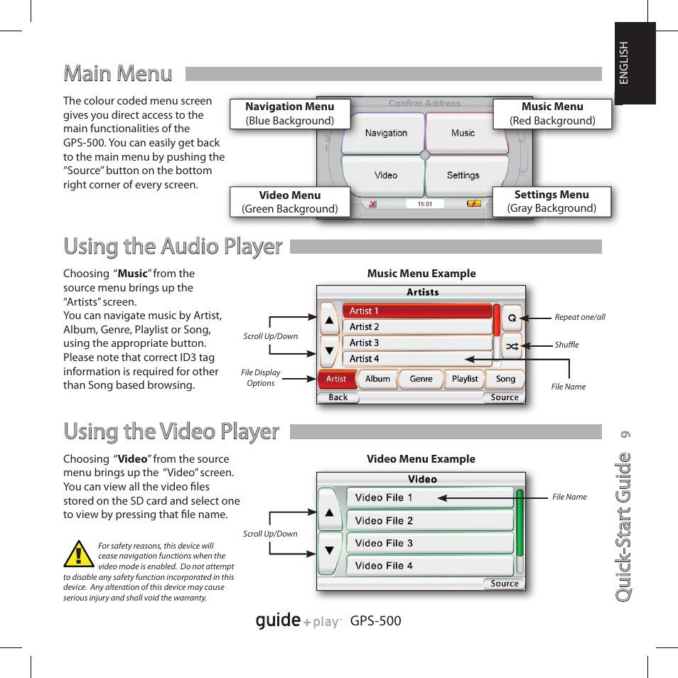 Main menu, Using the audio player, Using the video player | Qu ic k- s ta rt g u id e quick -star t guide | Harman-Kardon GPS-500 User Manual | Page 9 / 12