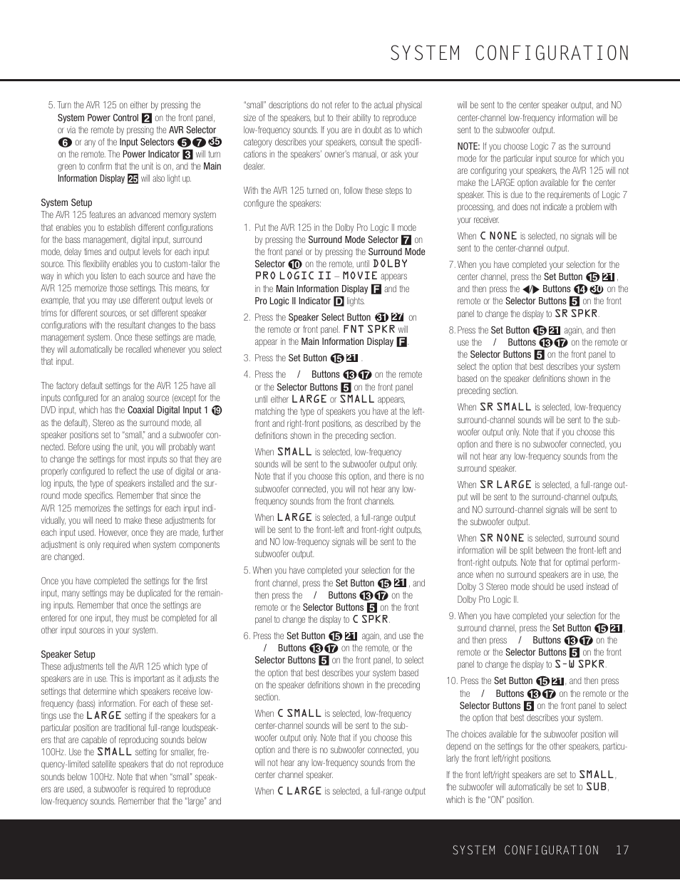 System setup, Speaker setup, System configuration | Harman-Kardon AVR 125 User Manual | Page 17 / 49