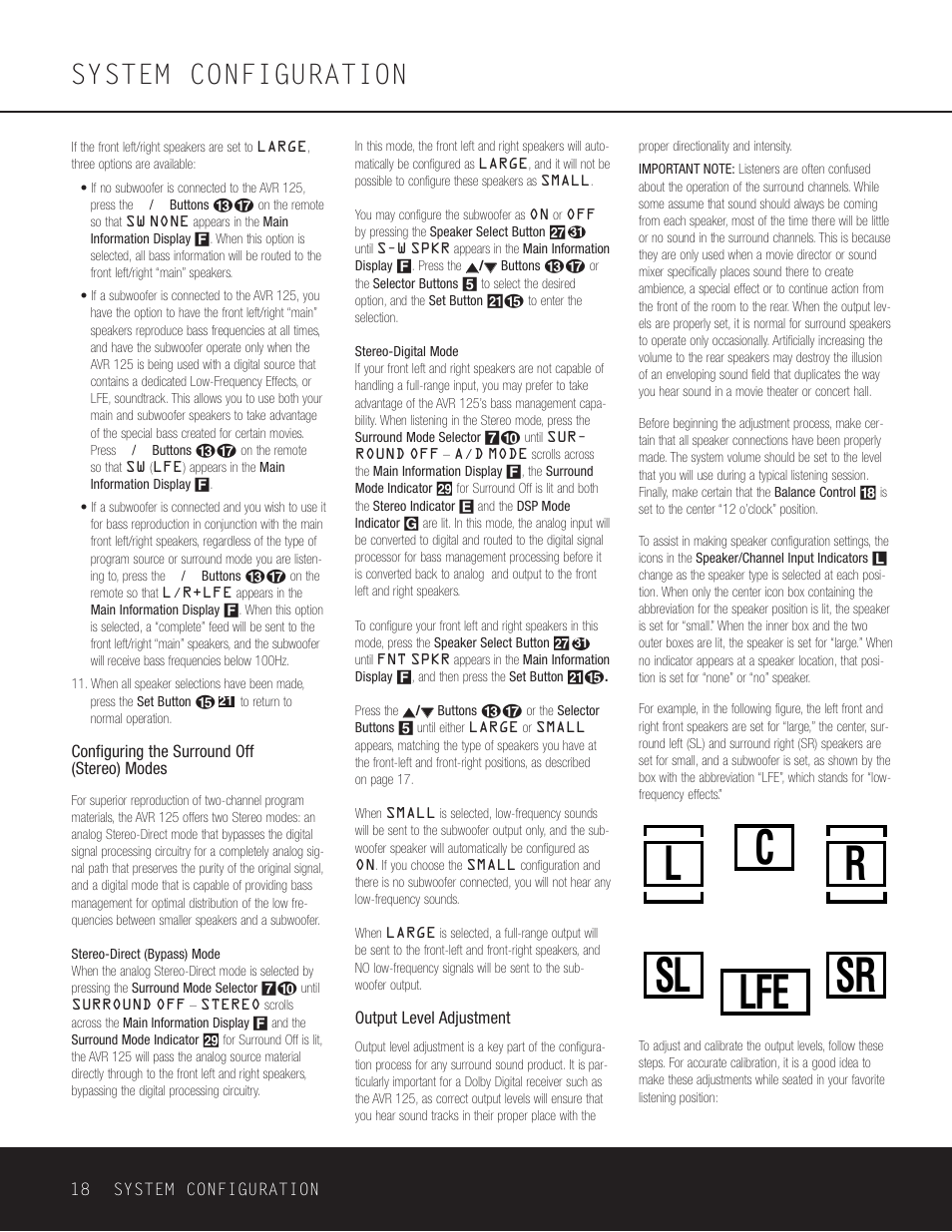 Output level adjustment, Lr c sl sr lfe, System configuration | Harman-Kardon AVR 125 User Manual | Page 18 / 49