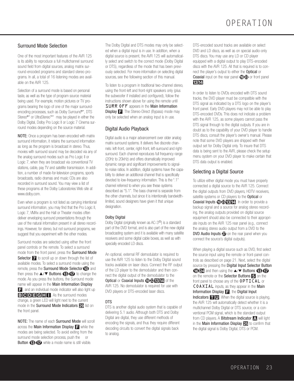 Surround mode selection, Digital audio playback, Selecting a digital source | Operation | Harman-Kardon AVR 125 User Manual | Page 23 / 49