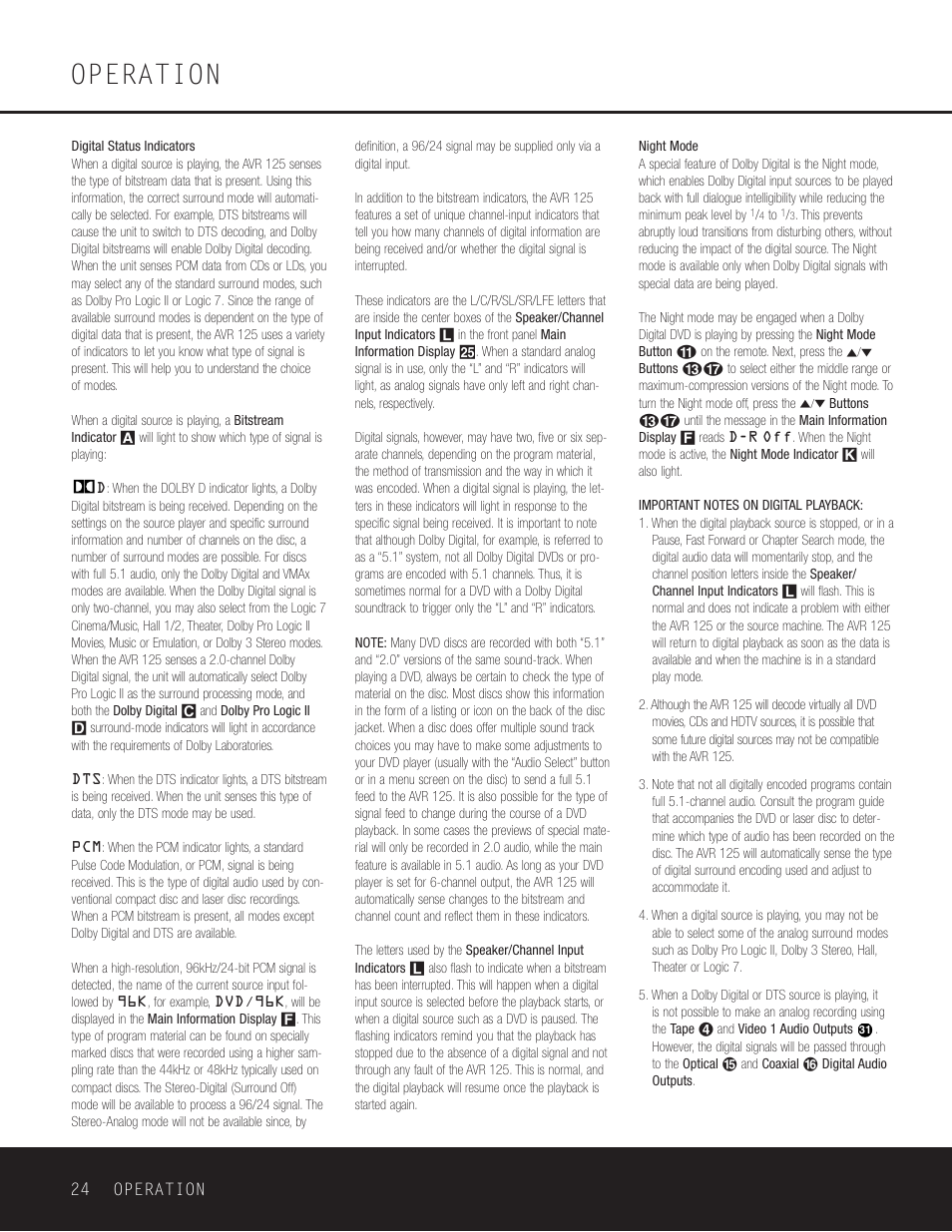 Digital status indicators, Night mode, Operation | Harman-Kardon AVR 125 User Manual | Page 24 / 49
