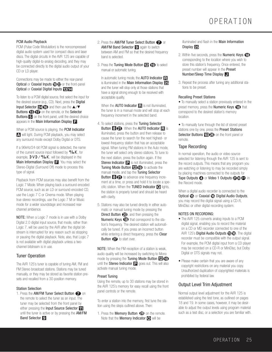 Pcm audio playback, Tuner operation, Preset stations | Operation | Harman-Kardon AVR 125 User Manual | Page 25 / 49