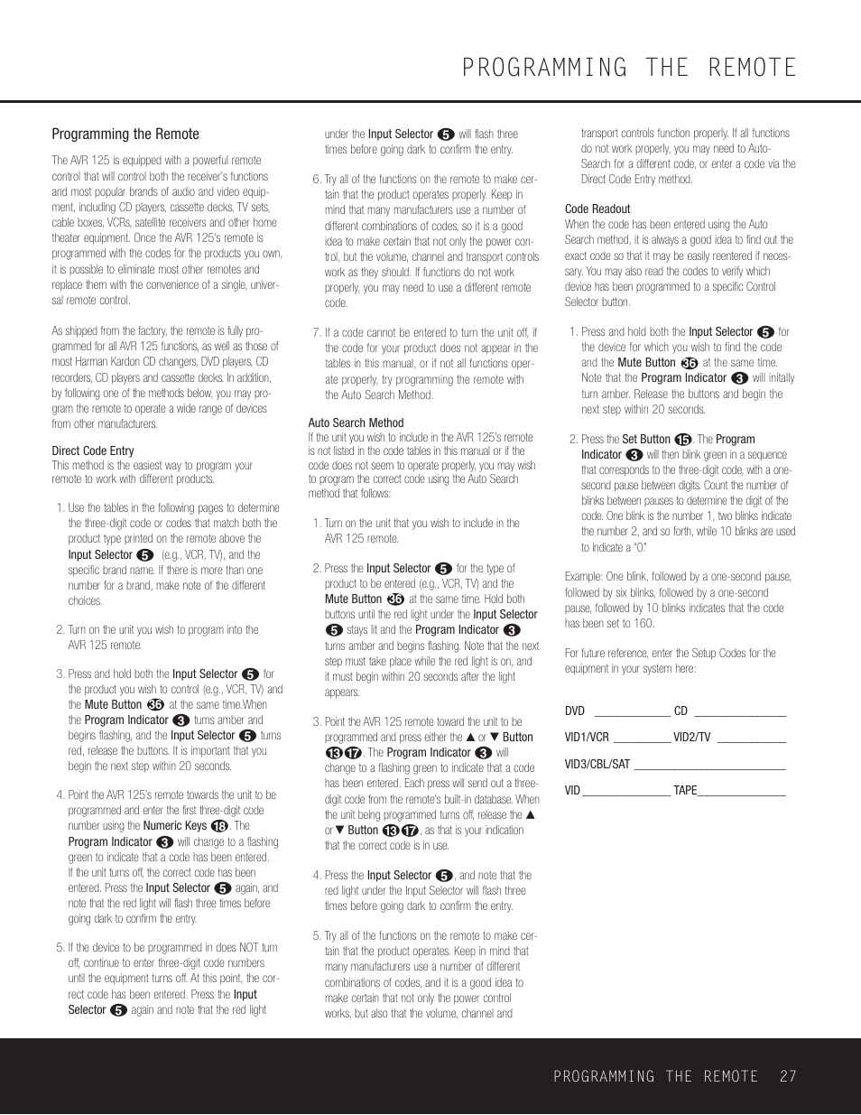 Programming the remote, Direct code entry | Harman-Kardon AVR 125 User Manual | Page 27 / 49