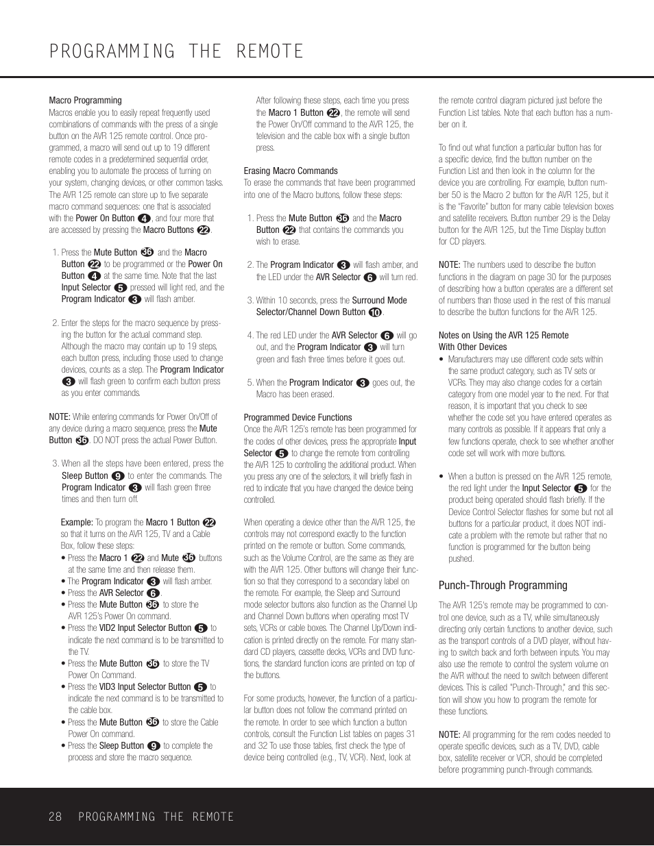 Macro programming, Programmed device functions, Punch-through programming | Programming the remote | Harman-Kardon AVR 125 User Manual | Page 28 / 49