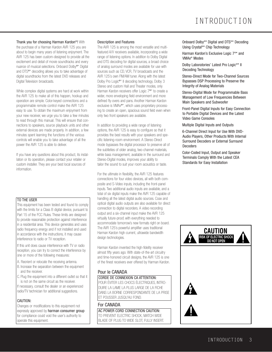 Introduction, Caution, Introduction 3 | For canada pour le canada | Harman-Kardon AVR 125 User Manual | Page 3 / 49